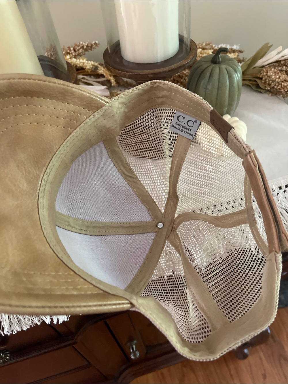 C.C. Exclusives Women's Tan Light Brown Leather Fall Mesh Back Baseball Cap Hat - Picture 4 of 6
